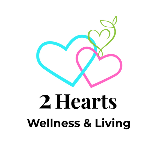 Logo of '2 Hearts Wellness & Living' with two interlocking hearts, one blue and one pink, on a white background.